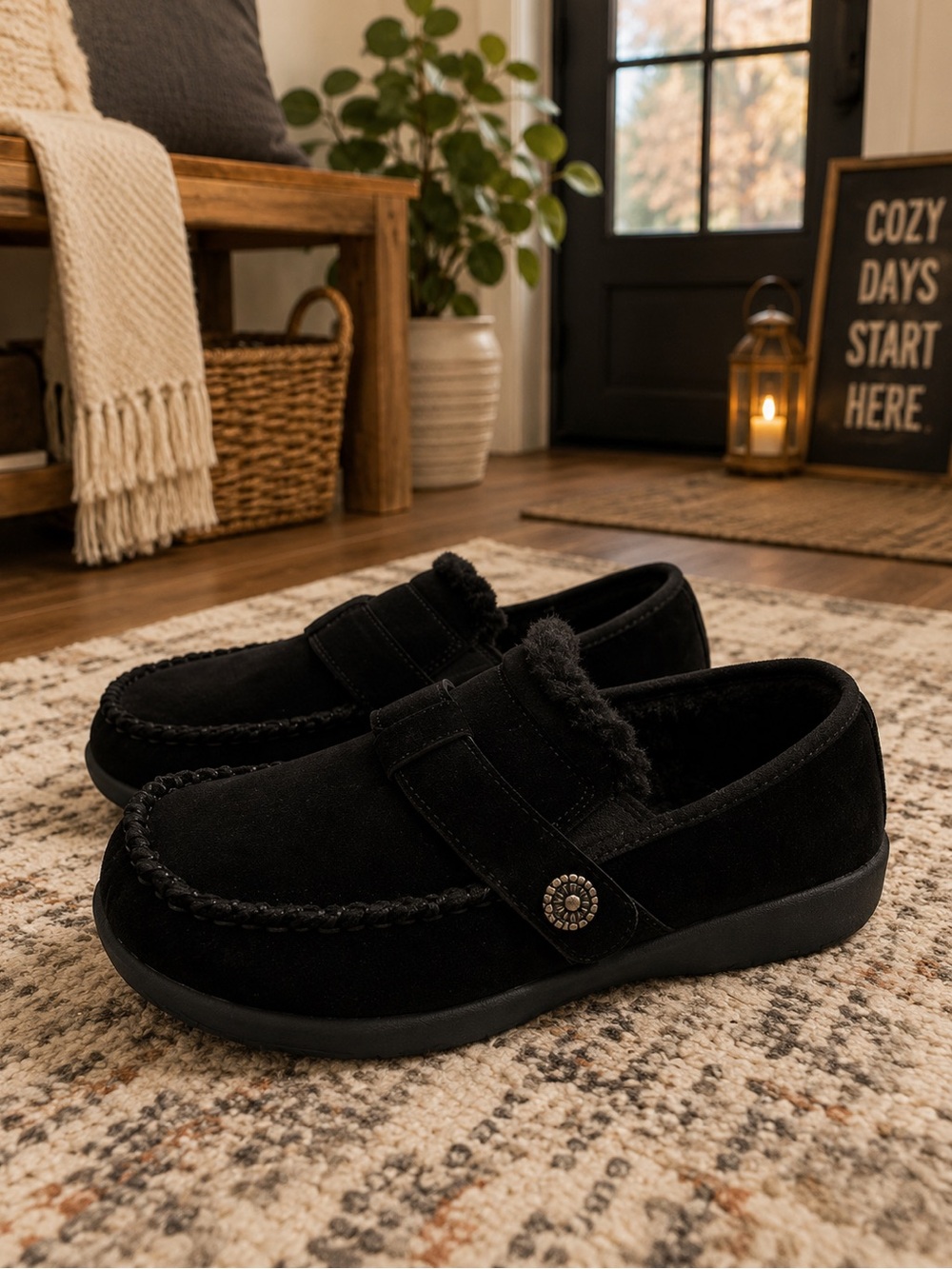 REVITALIGN Black Suede Plush-Lined Slip-On Loafer with Hook Strap